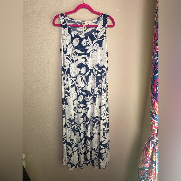 Shoreline Blue & White Hawaiian Floral Puff Print Stretch Maxi Tank Dress L - Picture 2 of 10
